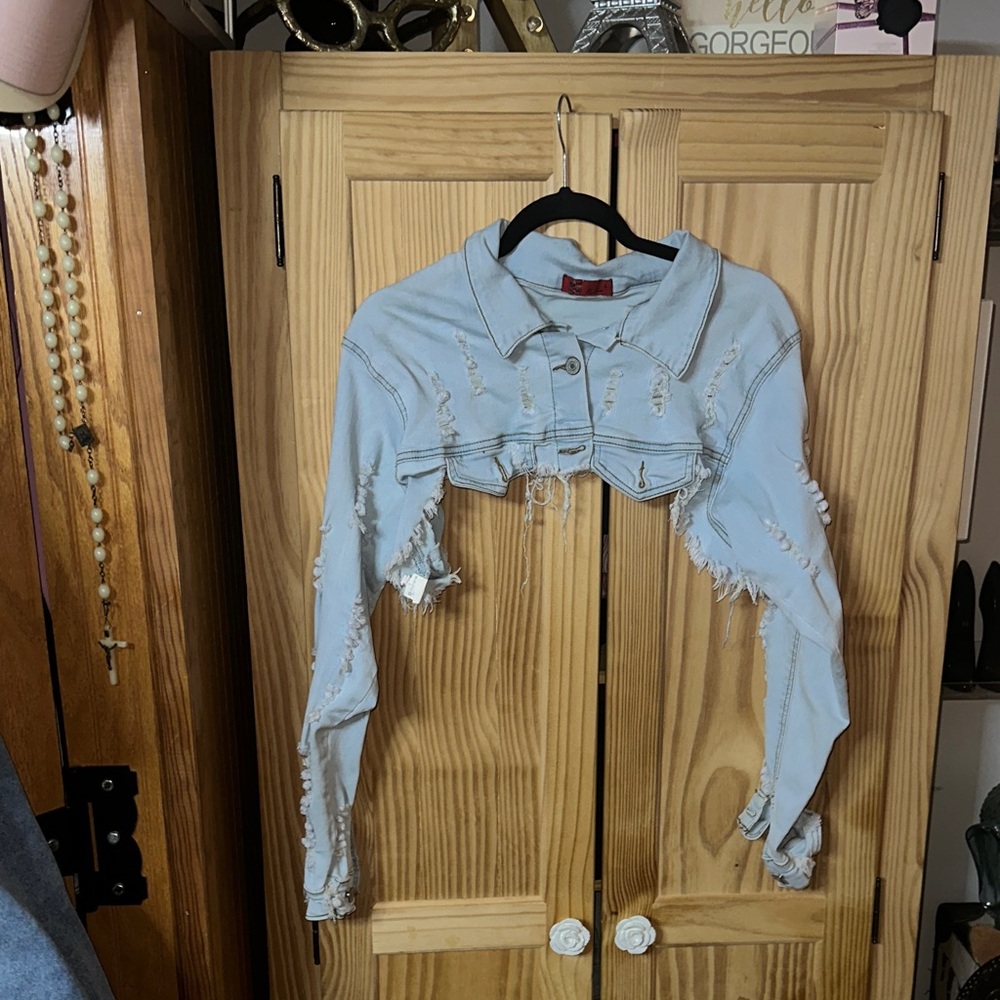 Distressed Light Blue Cropped Denim Jacket